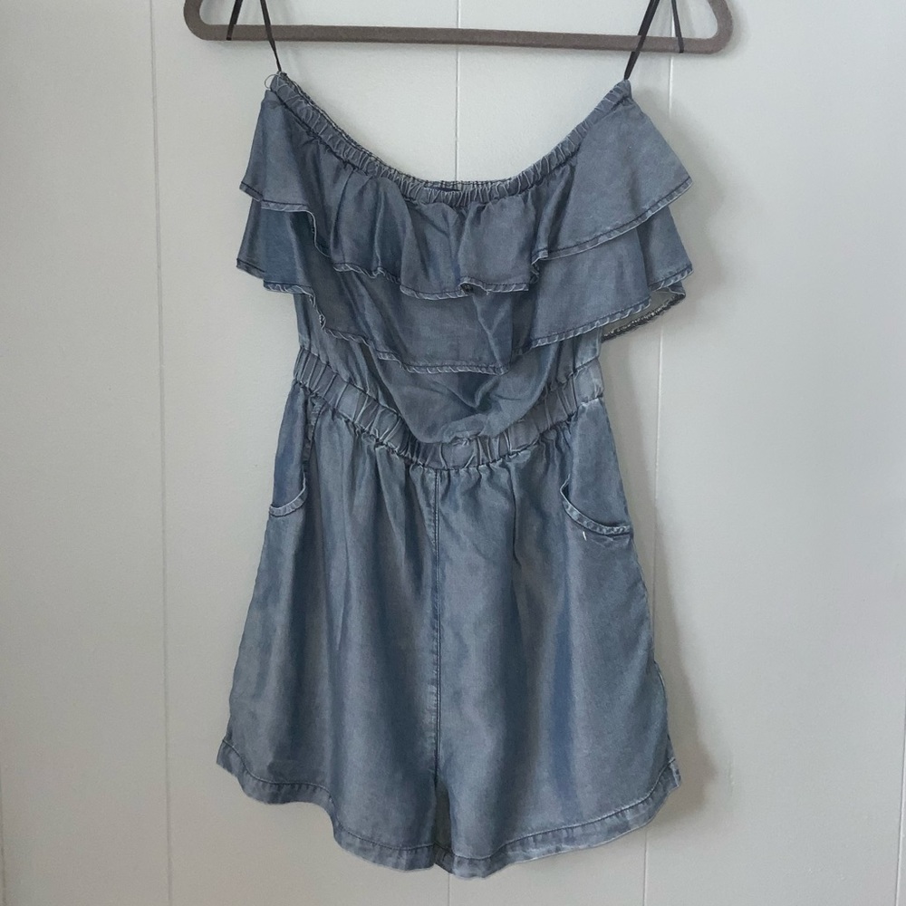 Strapless, Ruffled top, Denim Romper